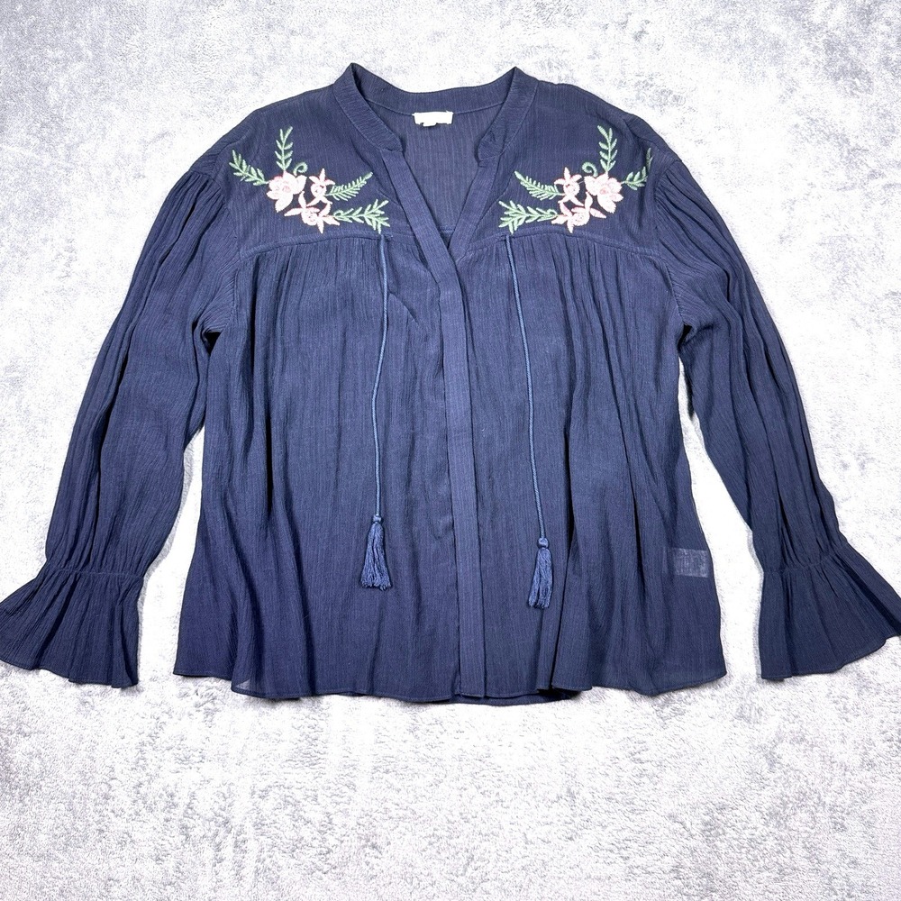 En Creme Blue Embroidered Floral Boho Peasant Blouse Womens Medium